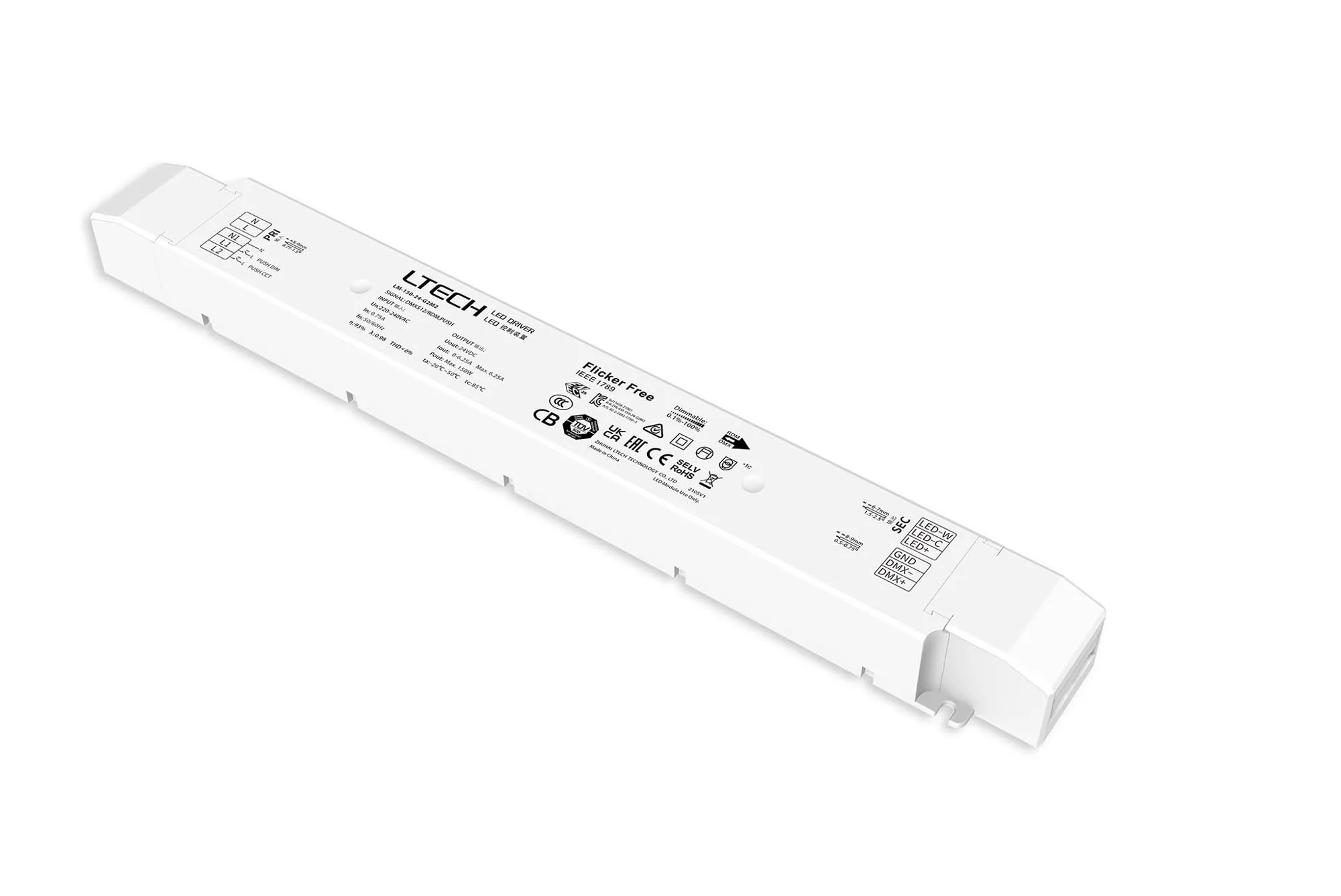 LM-150-24-G2M2  DMX512/RDM/Push DIM/CCT, 0-100% Dim, CV 150W, 24Vdc 6.25A, 200-240Vac, IP20, 5yrs Warranty.